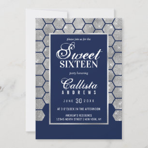 Modern Navy Silver Glitter Hexagon Geo Sweet 16 Kaart