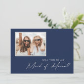 Modern Navy Silver Photo Maid of Honor proposal Kaart (Staand voorkant)
