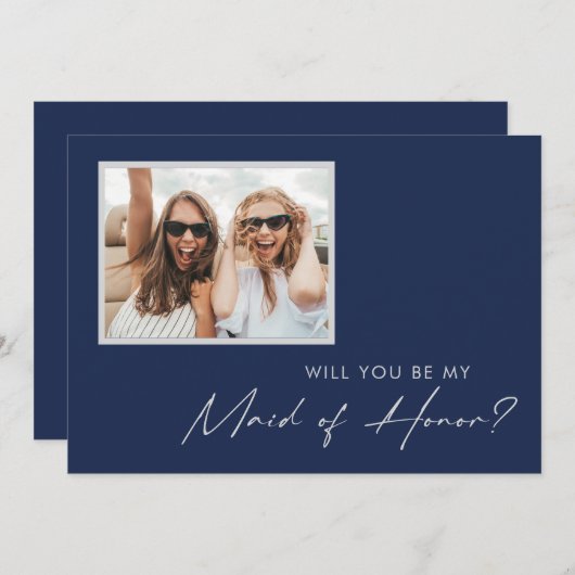 Modern Navy Silver Photo Maid of Honor proposal Kaart (Voorkant / Achterkant)