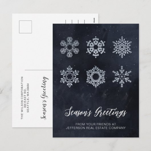 Modern Navy Silver Snowflakes Business Feestdagenkaart (Voorkant / Achterkant)