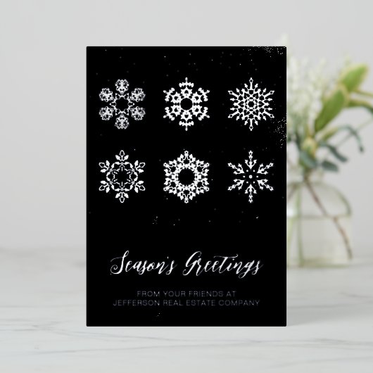 Modern Navy Silver Snowflakes Business Folie Feestdagenkaart (Staand Voorkant)