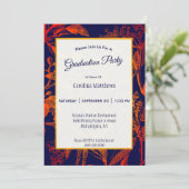 Modern Navy Sinaasappel Bladeren Bloemen Afstudere Kaart (Staand voorkant)