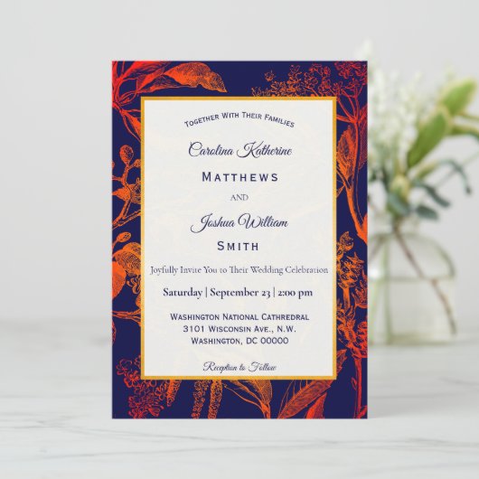 Modern Navy Sinaasappel verlaat bloemenbruiloft Kaart (Staand voorkant)