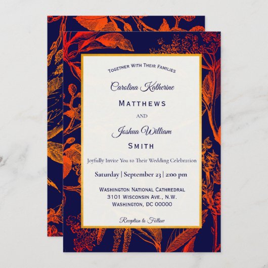 Modern Navy Sinaasappel verlaat bloemenbruiloft Kaart (Voorkant / Achterkant)