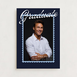 Modern Navy Stamp Graduation Announcement Kaart