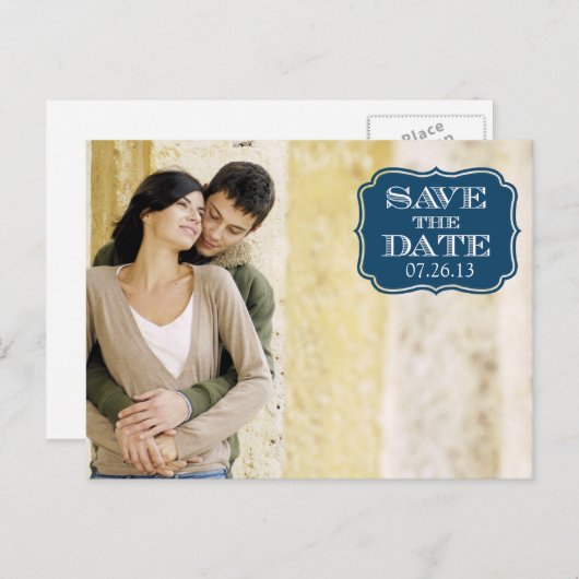 Modern Navy Swirl Label Bewaar de datum Fotokaart Aankondigingskaart (Voorkant / Achterkant)