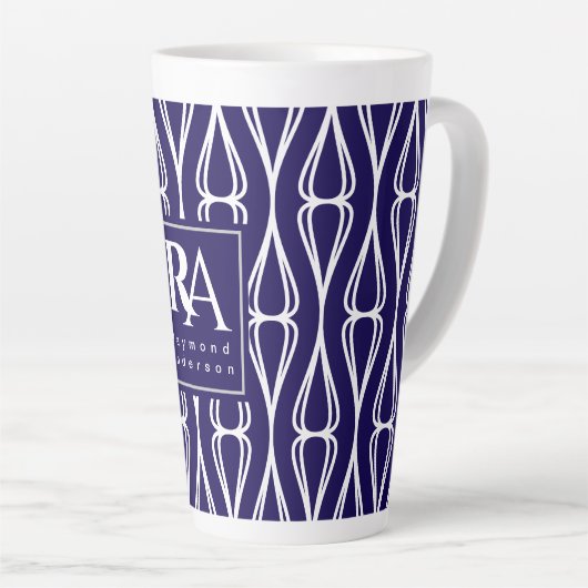 Modern Navy White Pattern Monogram Latte Mok (Rechterhoek)