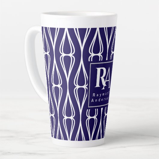 Modern Navy White Pattern Monogram Latte Mok (Linkerhoek)