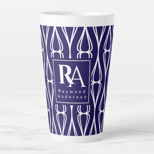 Modern Navy White Pattern Monogram Latte Mok (Voorkant)