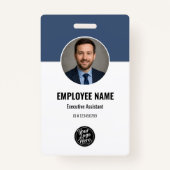 Modern Navy White Photo ID Employee QR Code Badge (Voorkant)