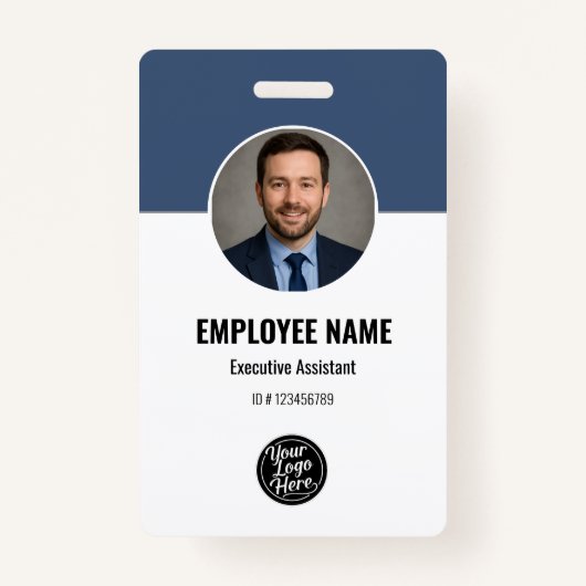 Modern Navy White Photo ID Employee QR Code Badge (Voorkant)