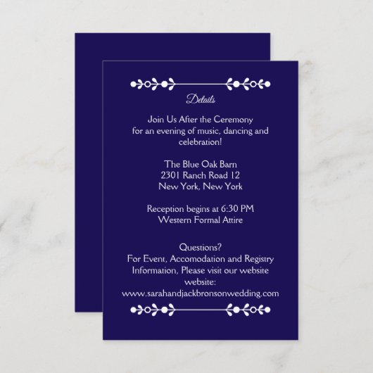 Modern Navy & White Wedding Details Kaart (Voorkant / Achterkant)