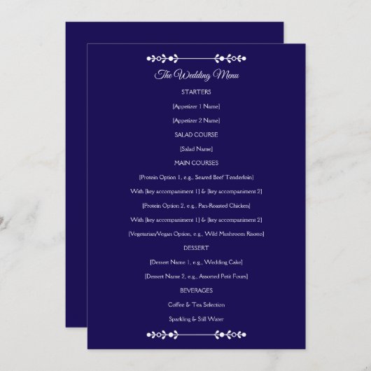 Modern Navy & White Wedding Menu (Voorkant / Achterkant)