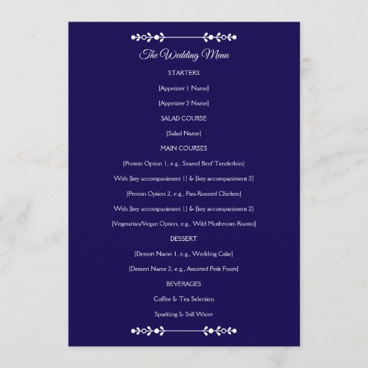 Modern Navy & White Wedding Menu (Voorkant)