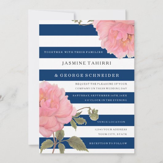 MODERN Navy Wide Stripes Pink Peony Flowers Floral Kaart (Voorkant)