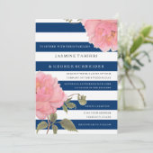 MODERN Navy Wide Stripes Pink Peony Flowers Floral Kaart (Staand voorkant)