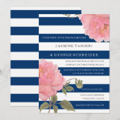 MODERN Navy Wide Stripes Pink Peony Flowers Floral Kaart (Voorkant / Achterkant)