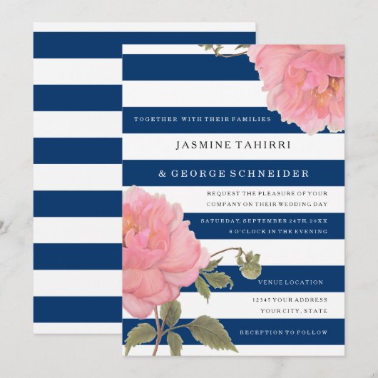 MODERN Navy Wide Stripes Pink Peony Flowers Floral Kaart (Voorkant / Achterkant)