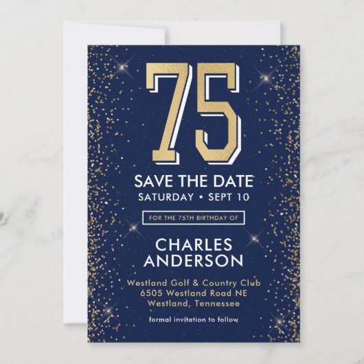 Modern Navyblauw 75e Verjaardag Save The Date (Voorkant)