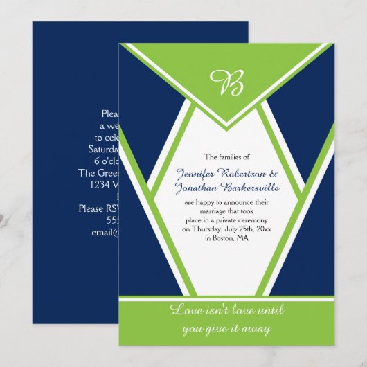 Modern Navyblauw Limegroene Trouwfeest Kaart (Voorkant / Achterkant)