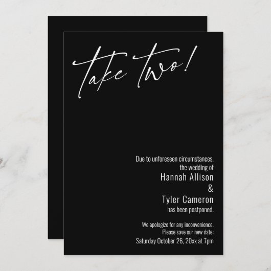 Modern neemt twee. Black Postponed Wedding Kaart (Voorkant / Achterkant)