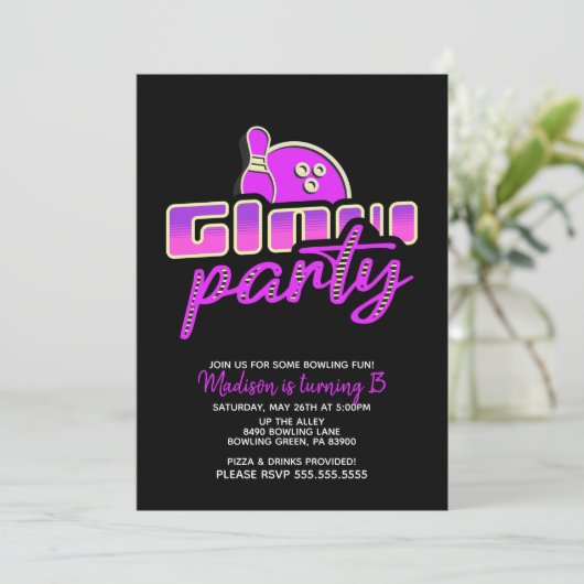 Modern Neon Bowling Party Bash Birthday Party Kaart (Staand voorkant)
