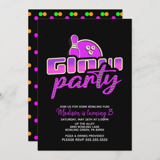 Modern Neon Bowling Party Bash Birthday Party Kaart (Voorkant / Achterkant)
