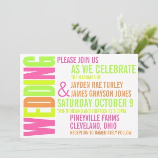 Modern Neon Brights Block Print Weddenation Kaart (Staand voorkant)