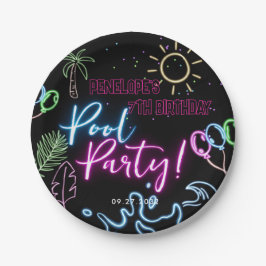 Modern Neon Glow Black Pool Party Birthday Papieren Bordje