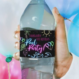 Modern Neon Glow Black Pool Party Birthday Waterfles Etiket