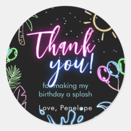 Modern Neon Glow Black Pool Party Thank you Ronde Sticker