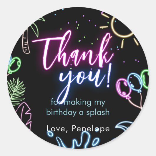 Modern Neon Glow Black Pool Party Thank you Ronde Sticker (Voorkant)