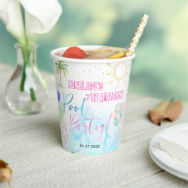 Modern Neon Glow Watercolor Pool Party Birthday Papieren Bekers