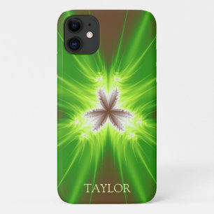 Modern Neon Green Brown Fractal met naam Case-Mate iPhone Case