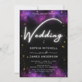 Modern Neon Light Galaxy Zwart Paarse bruiloft Kaart (Voorkant)