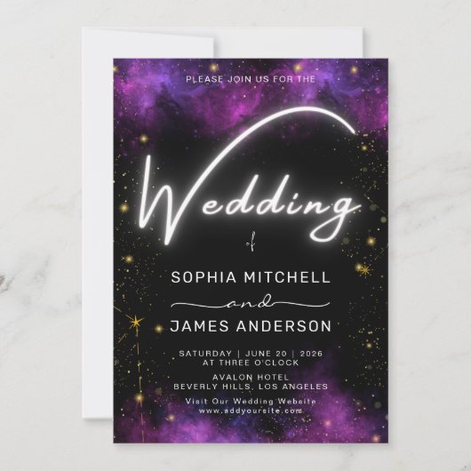 Modern Neon Light Galaxy Zwart Paarse bruiloft Kaart (Voorkant)