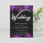 Modern Neon Light Galaxy Zwart Paarse bruiloft Kaart (Staand voorkant)