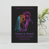 Modern Neon Line Art Couple Wedding Invitation Kaart (Staand voorkant)