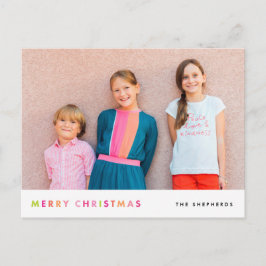 Modern Neon Merry Christmas Photo Postcard Feestdagenkaart