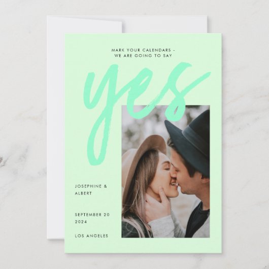 Modern Neon Mint Green Big Script Photo Weddenscha Save The Date (Voorkant)