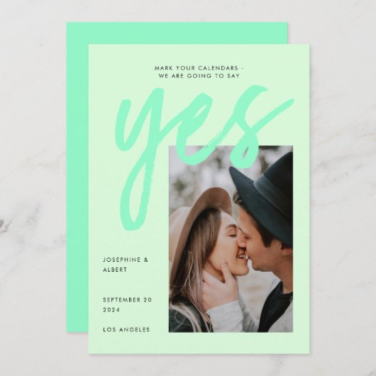 Modern Neon Mint Green Big Script Photo Weddenscha Save The Date (Voorkant / Achterkant)