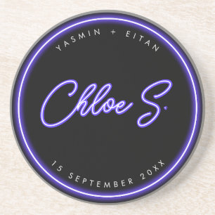 Modern Neon Paarse Script Naam Huwelijksgunst Zandsteen Onderzetter