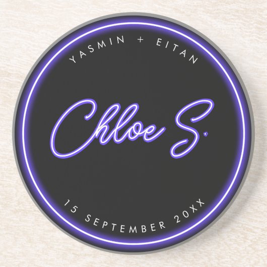 Modern Neon Paarse Script Naam Huwelijksgunst Zandsteen Onderzetter (Voorkant)