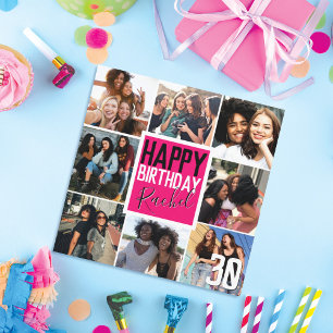 Modern Neon Pink Friends Photo Collage Birthday Kaart