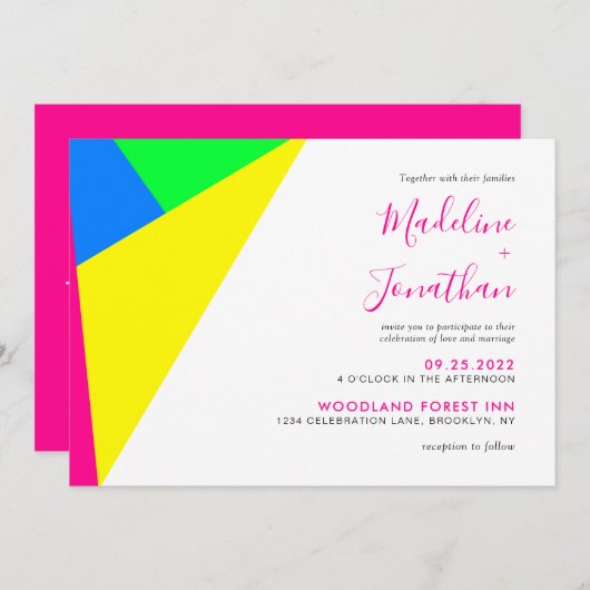 Modern Neon Pink Geometry Monogram Weddenschap Kaart (Voorkant / Achterkant)