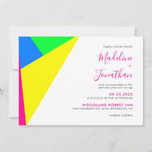 Modern Neon Pink Geometry Monogram Weddenschap Kaart