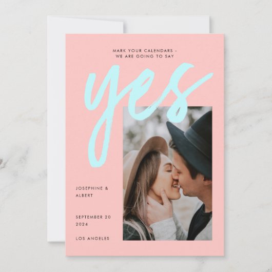 Modern Neon Pink Mint Big Script Photo Weddenschap Save The Date (Voorkant)