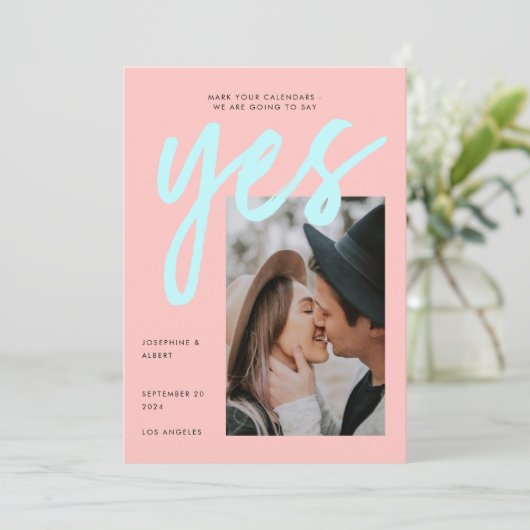 Modern Neon Pink Mint Big Script Photo Weddenschap Save The Date (Staand voorkant)