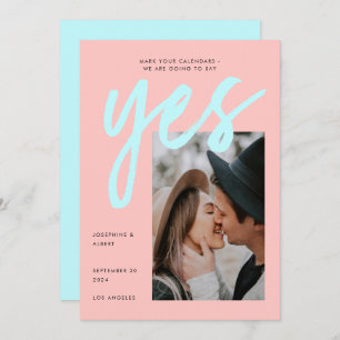 Modern Neon Pink Mint Big Script Photo Weddenschap Save The Date