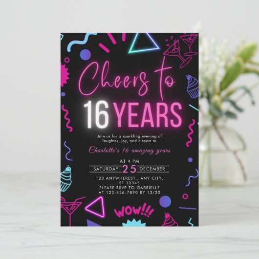 Modern Neon Proost op 16 Jaar 16e Verjaardagsfeest Kaart (Staand voorkant)